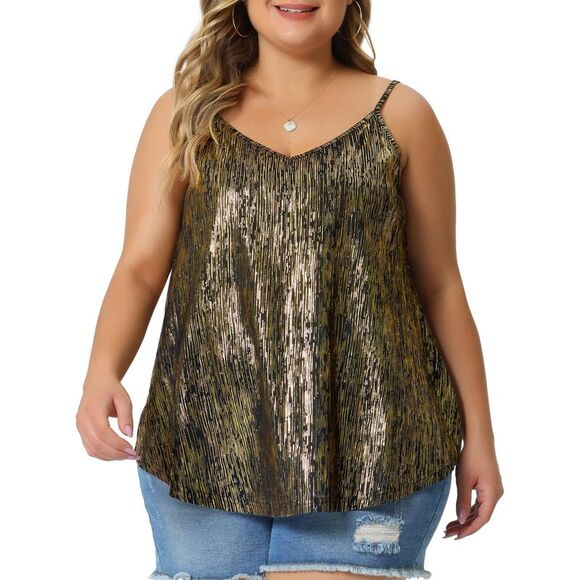 Sparkle Sequin Plus Size Cami Tops Metallic Glitter Tank Tops Black Gold - Picture 1 of 6